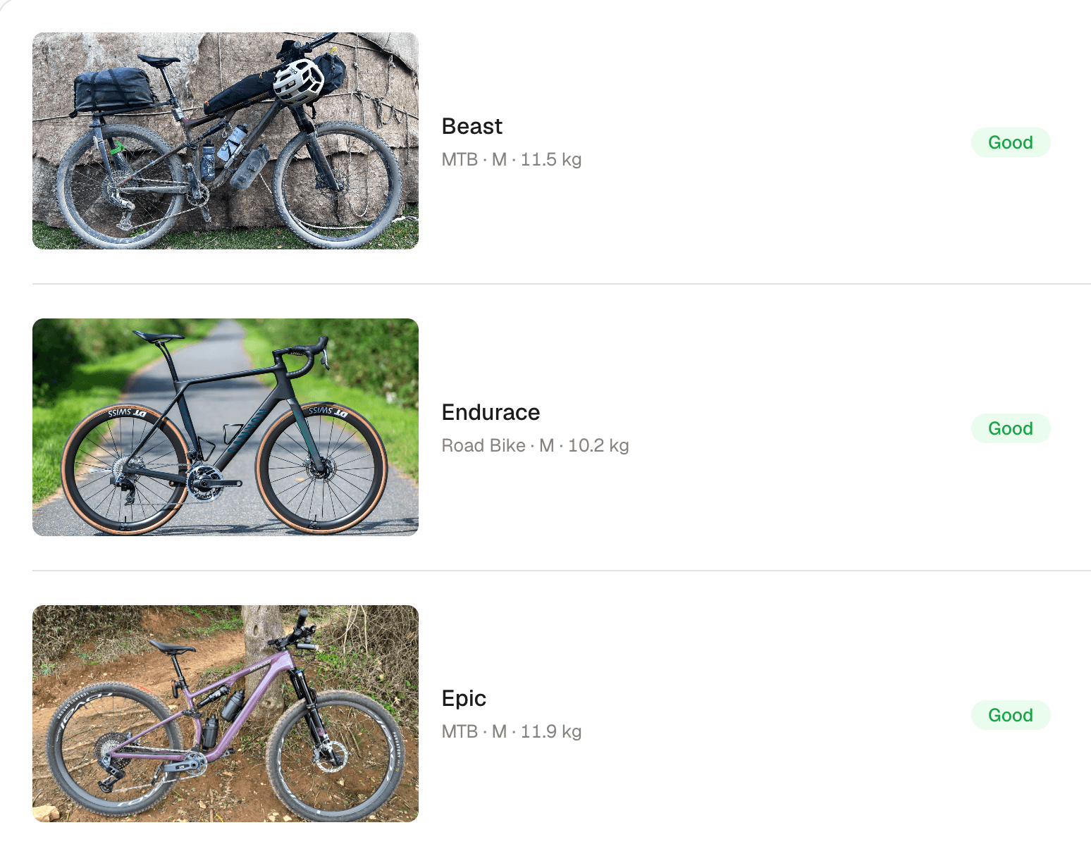 Three bikes in a Sprok garage, each with a photo, name, type and a Good status pill: Beast, Endurace and Epic