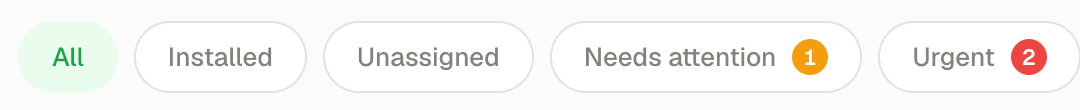 Filter chips on the Components page: All, Installed, Unassigned, Needs attention, Urgent