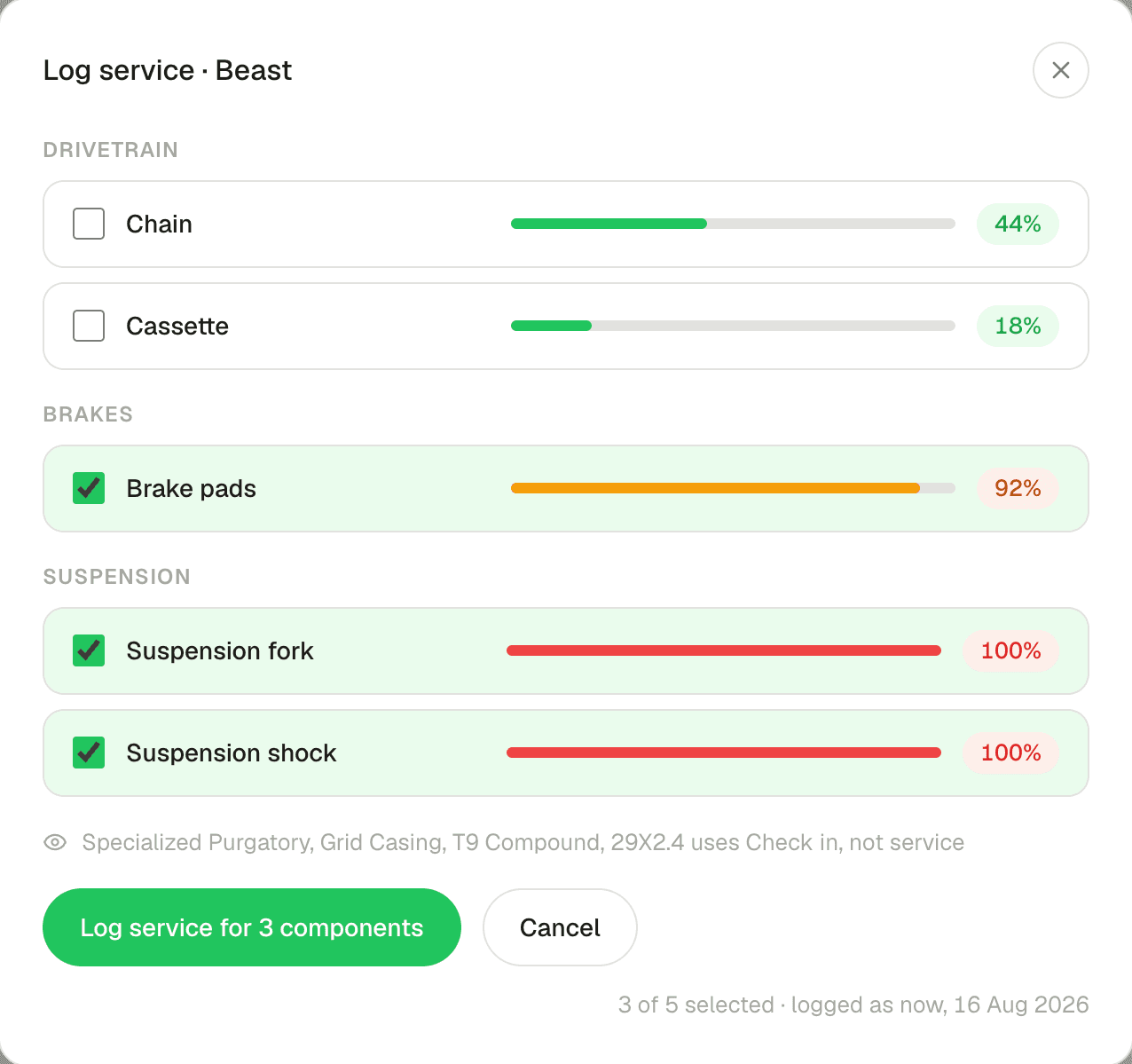 The Log service dialog for the bike Beast in Sprok: a checklist of its parts grouped by drivetrain, brakes and suspension, with the brake pads, suspension fork and suspension shock pre-checked, and a button reading Log service for 3 components