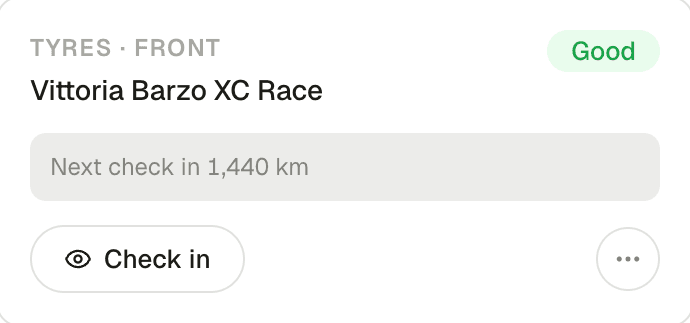 A tyre card in Sprok: Vittoria Barzo XC Race, next check in 1,440 km, status Good, with a Check in button