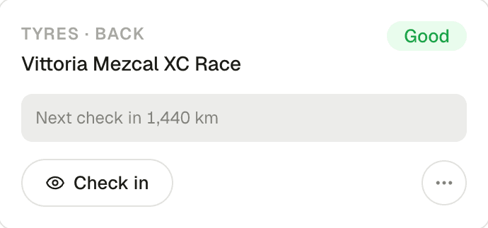 A tyre card in Sprok: Vittoria Mezcal XC Race, next check in 1,440 km, status Good